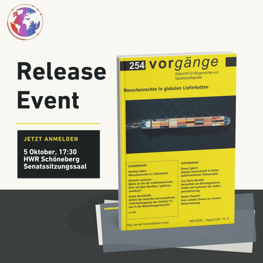 Beitragsbild vorgänge im Hier und Jetzt: Präsentation des vorgänge-Schwerpunkthefts zum Thema Menschenrechte in Lieferketten